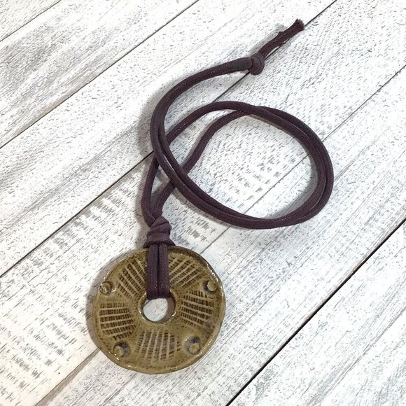 Handcrafted Ceramic Pendant Necklace With Rustic Brown Cord - Picture 1 of 5